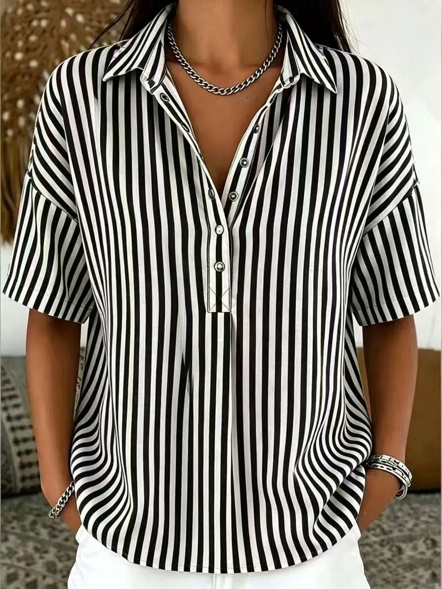 Effortless Striped Blouses for Women with Button Up Collar Short Sleeve V Neck Casual Style