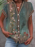 Effortless Green Floral Blouses for Women with Button Up V Neck Short Sleeve Boho Style