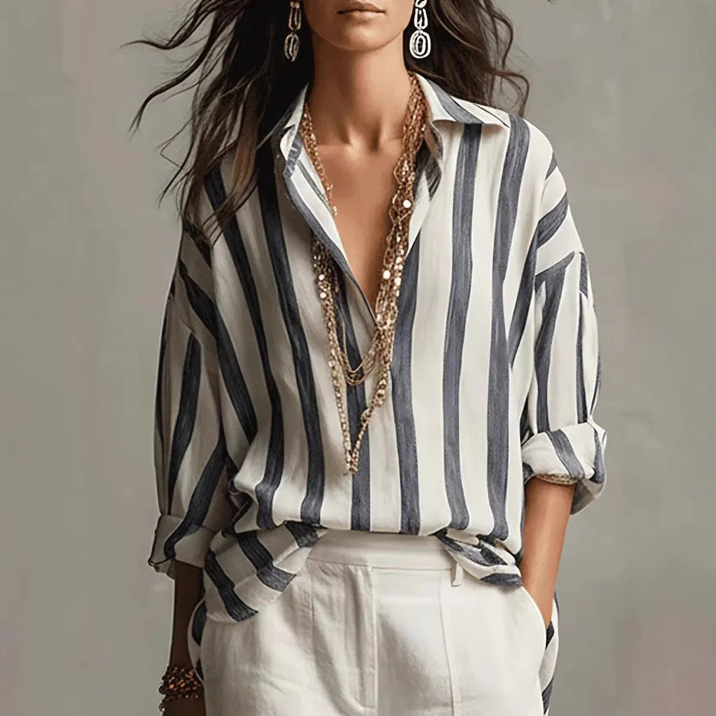 Effortless Striped Blouses for Women with Button Up Collar Long Sleeve V Neck Relaxed Style