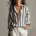 Effortless Striped Blouses for Women with Button Up Collar Long Sleeve V Neck Relaxed Style
