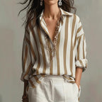 Effortless Striped Blouses for Women with Button Up Collar Long Sleeve V Neck Relaxed Style
