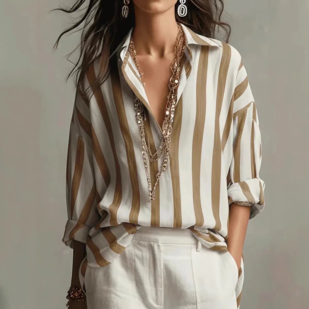 Effortless Striped Blouses for Women with Button Up Collar Long Sleeve V Neck Relaxed Style