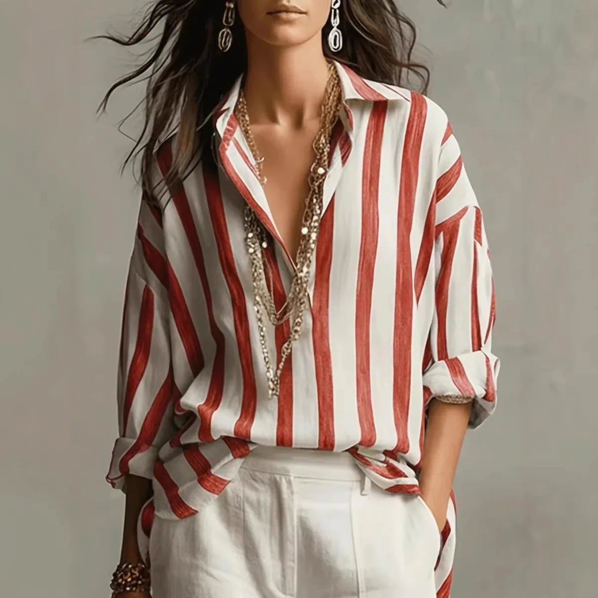Effortless Striped Blouses for Women with Button Up Collar Long Sleeve V Neck Relaxed Style