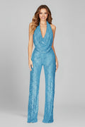 Elegant Sequin Jumpsuit for Women with Halter Neck Backless Wide Leg Formal Evening Party Style