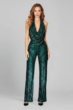 Elegant Sequin Jumpsuit for Women with Halter Neck Backless Wide Leg Formal Evening Party Style