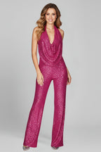Elegant Sequin Jumpsuit for Women with Halter Neck Backless Wide Leg Formal Evening Party Style