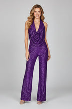 Elegant Sequin Jumpsuit for Women with Halter Neck Backless Wide Leg Formal Evening Party Style