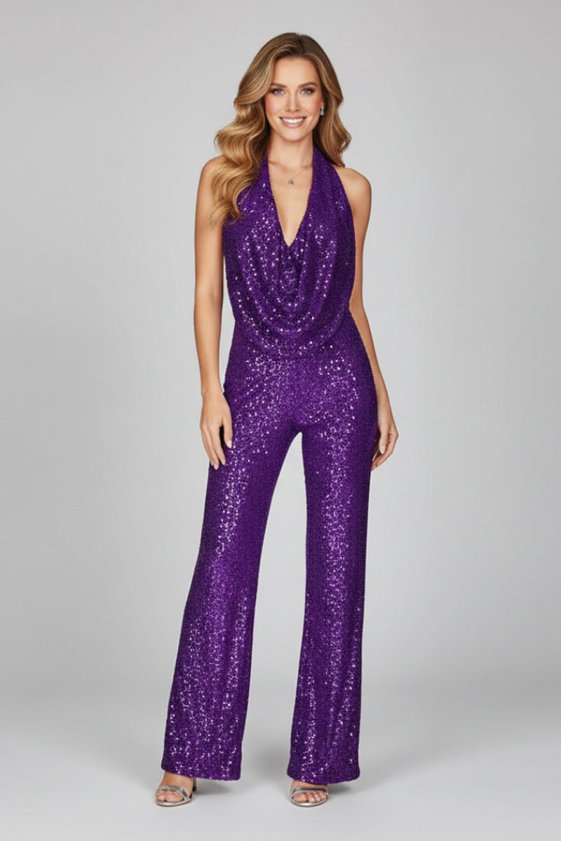 Elegant Sequin Jumpsuit for Women with Halter Neck Backless Wide Leg Formal Evening Party Style