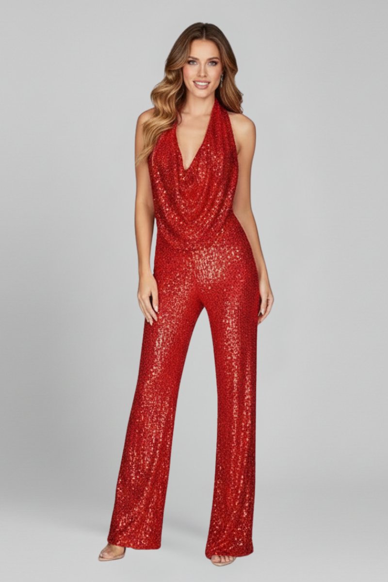 Elegant Sequin Jumpsuit for Women with Halter Neck Backless Wide Leg Formal Evening Party Style