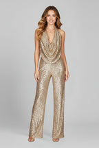 Elegant Sequin Jumpsuit for Women with Halter Neck Backless Wide Leg Formal Evening Party Style