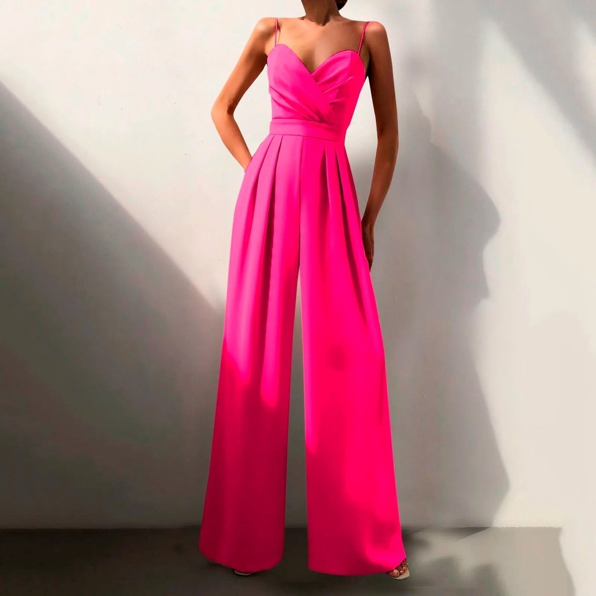 Elegant Jumpsuit for Women with Spaghetti Strap V Neck Wide Leg Flowy Formal Evening Style