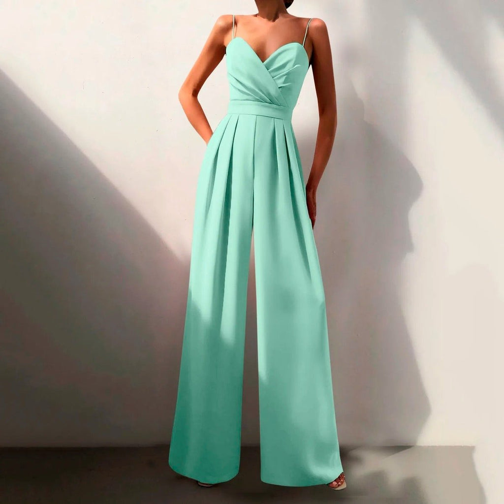 Elegant Jumpsuit for Women with Spaghetti Strap V Neck Wide Leg Flowy Formal Evening Style