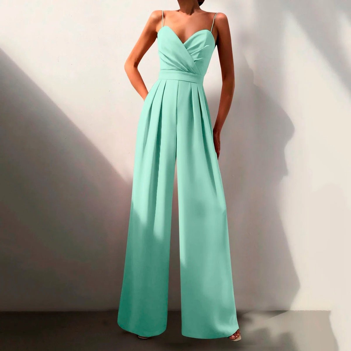 Elegant Jumpsuit for Women with Spaghetti Strap V Neck Wide Leg Flowy Formal Evening Style