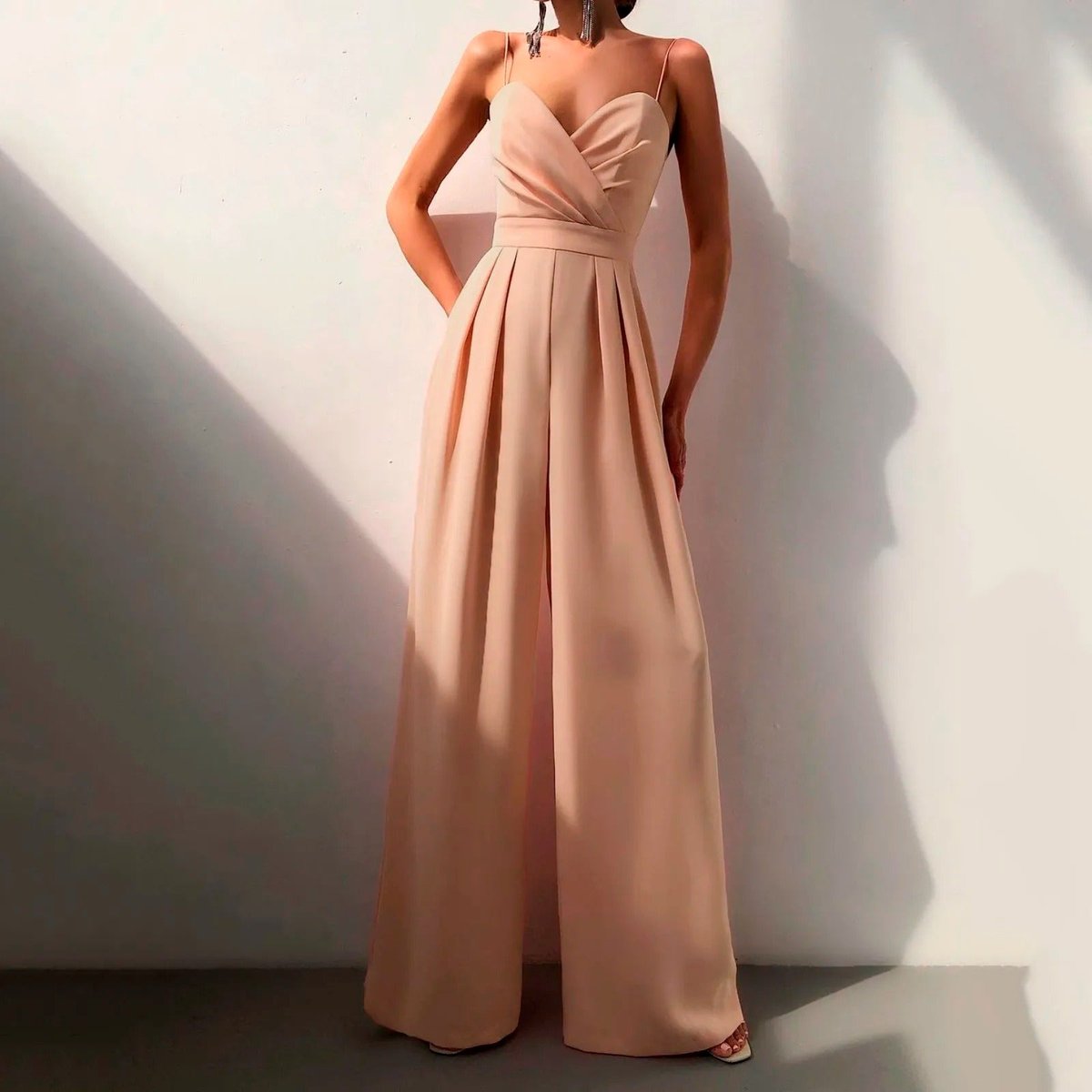Elegant Jumpsuit for Women with Spaghetti Strap V Neck Wide Leg Flowy Formal Evening Style