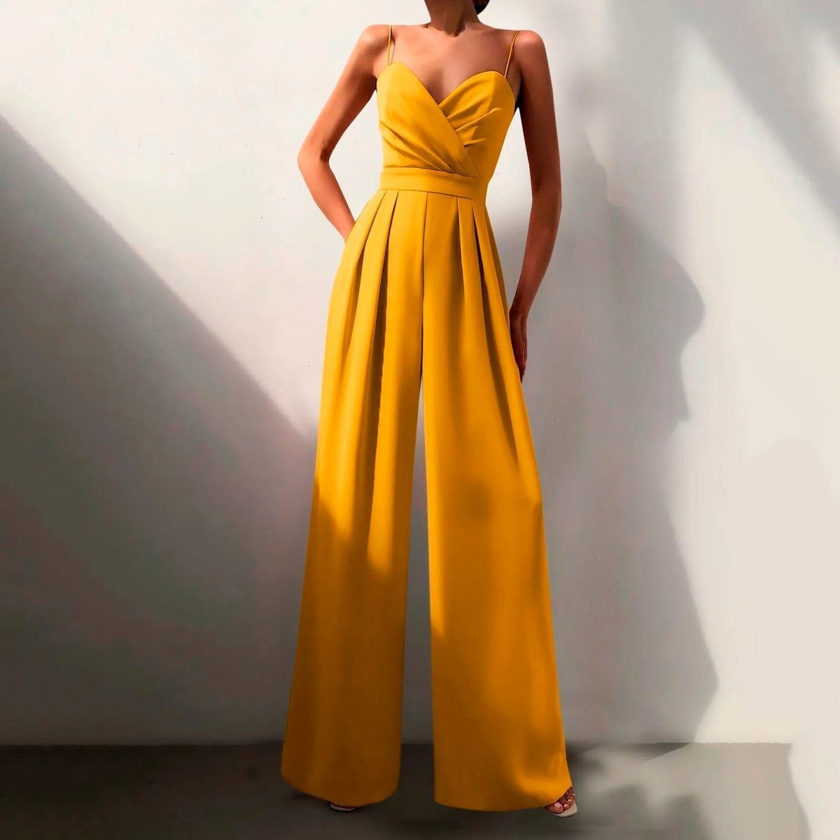 Elegant Jumpsuit for Women with Spaghetti Strap V Neck Wide Leg Flowy Formal Evening Style
