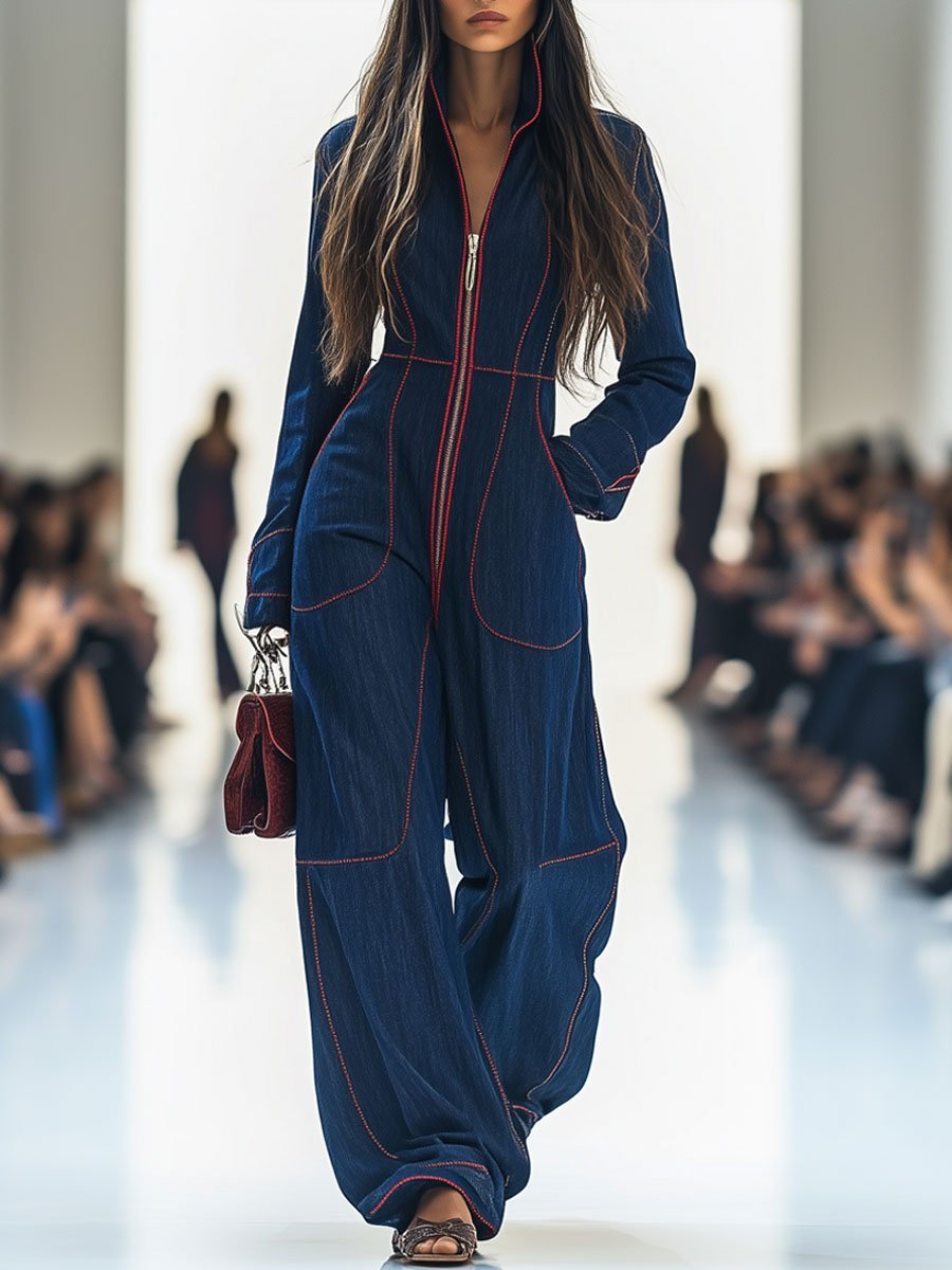 Effortless Dark Blue Denim Jumpsuit for Women with Zip Front Long Sleeve Relaxed Wide Leg Style
