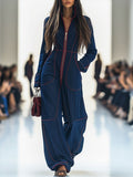 Effortless Dark Blue Denim Jumpsuit for Women with Zip Front Long Sleeve Relaxed Wide Leg Style