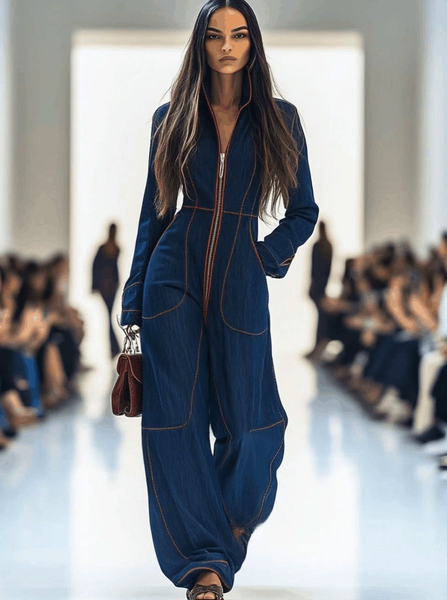 Effortless Dark Blue Denim Jumpsuit for Women with Zip Front Long Sleeve Relaxed Wide Leg Style