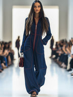 Effortless Dark Blue Denim Jumpsuit for Women with Zip Front Long Sleeve Relaxed Wide Leg Style