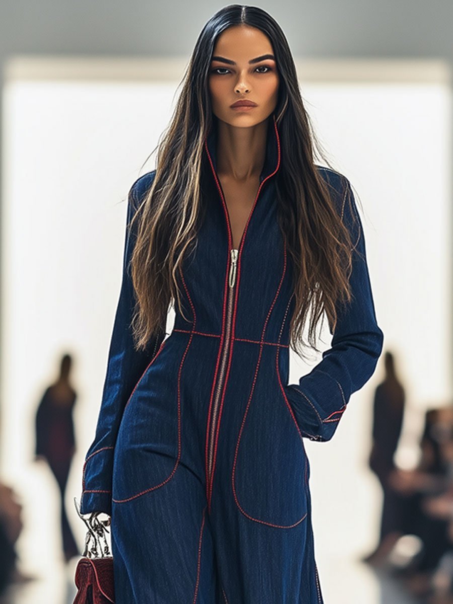 Effortless Dark Blue Denim Jumpsuit for Women with Zip Front Long Sleeve Relaxed Wide Leg Style