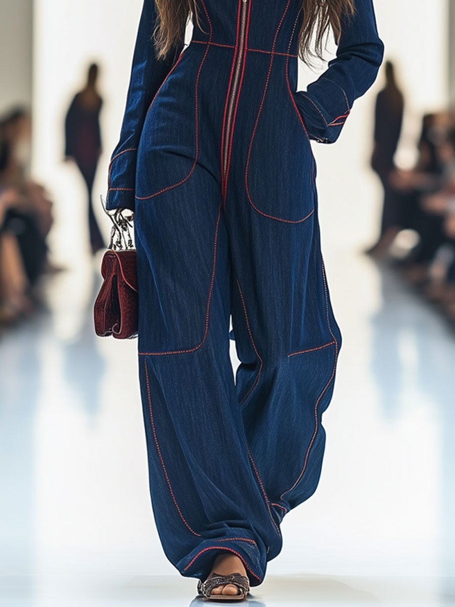 Effortless Dark Blue Denim Jumpsuit for Women with Zip Front Long Sleeve Relaxed Wide Leg Style