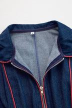 Effortless Dark Blue Denim Jumpsuit for Women with Zip Front Long Sleeve Relaxed Wide Leg Style