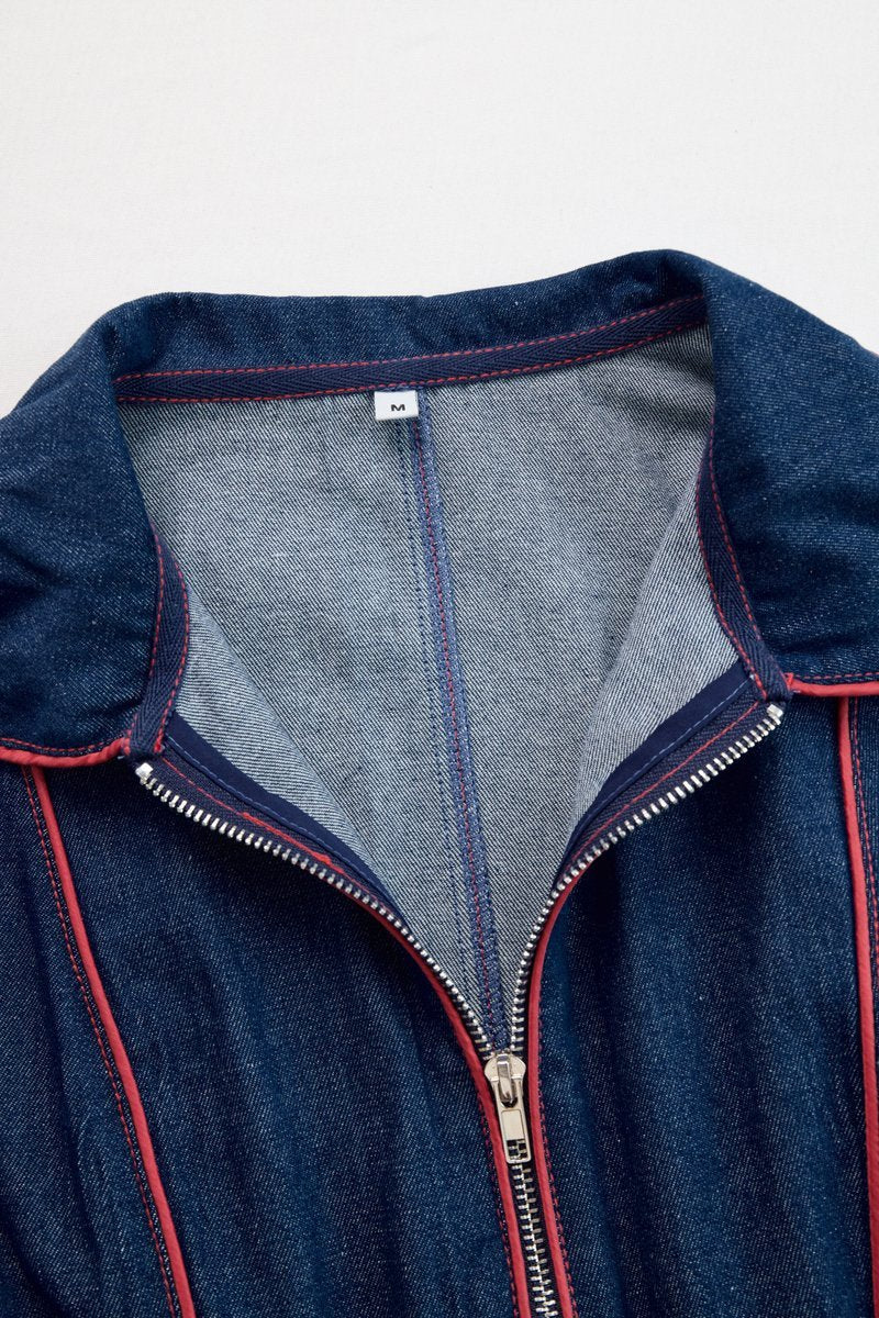 Effortless Dark Blue Denim Jumpsuit for Women with Zip Front Long Sleeve Relaxed Wide Leg Style